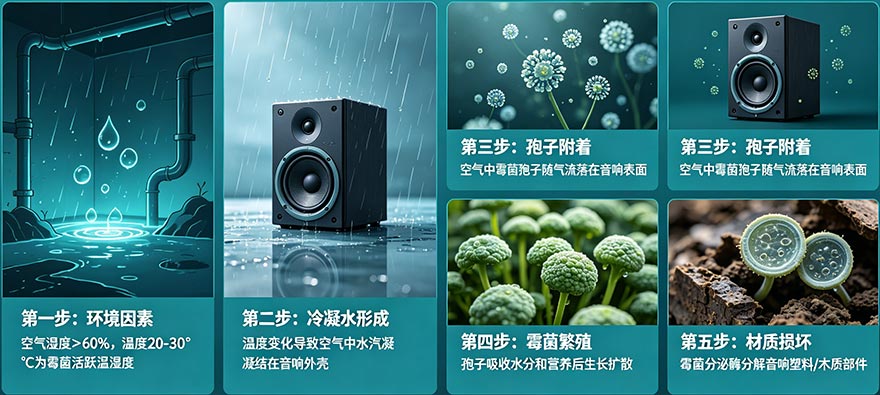 音响发霉原因分析图 - 工厂生产与外贸运输全链路